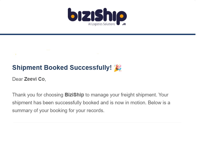 biziShip.ai — Shipment booked successfully